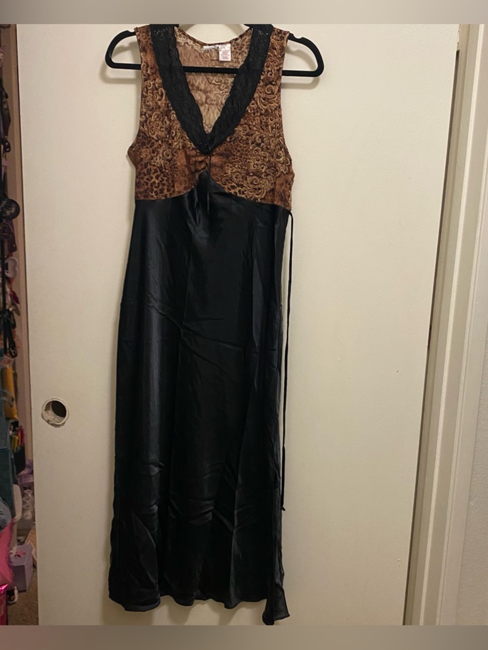 Gilligan O’Malley Womens Black Satin Slip Tank Dress XL 46” Brown  Lace Top